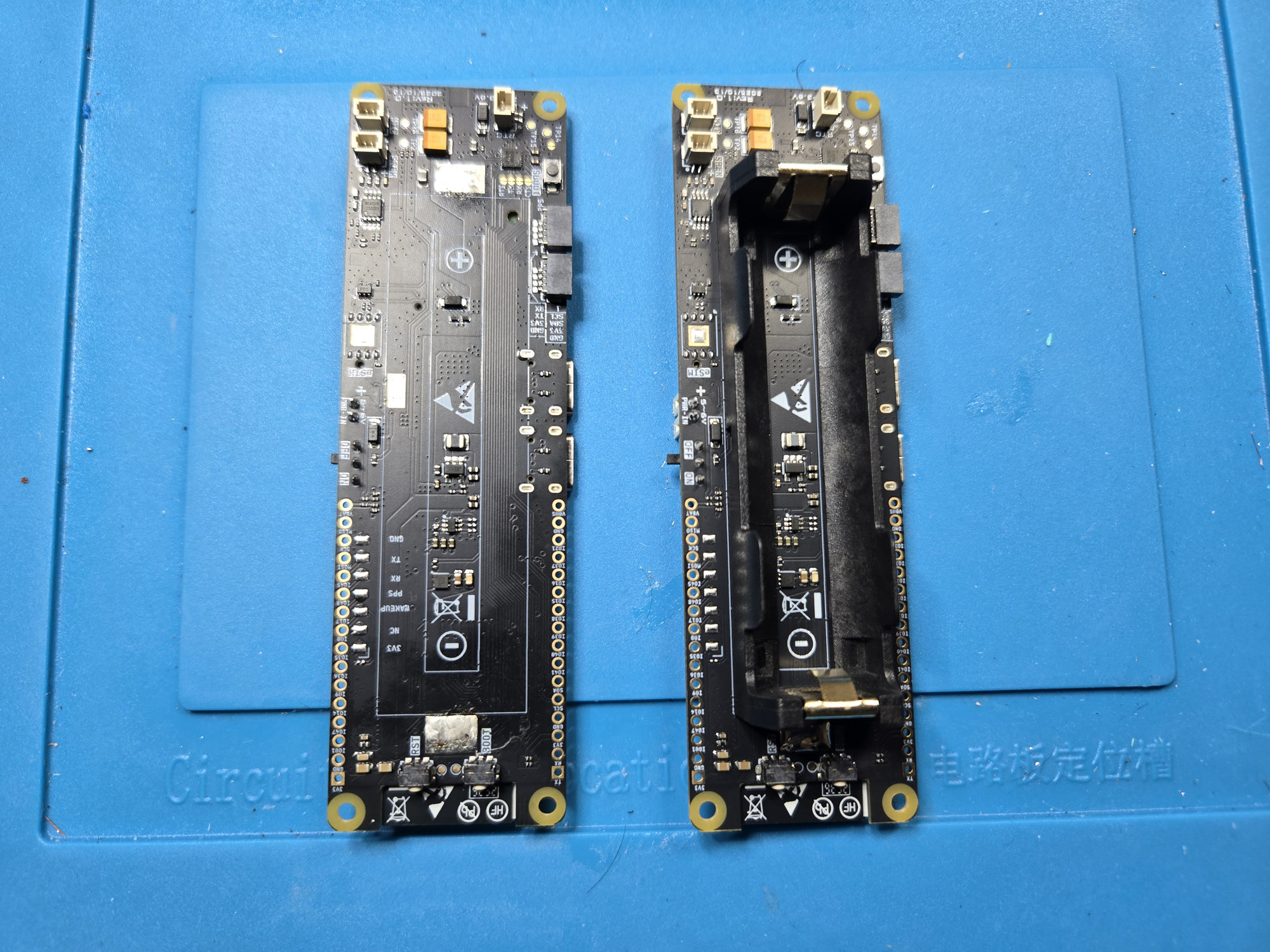 Two LilyGO T-A7670G-S3 boards showing the original 18650 holder before removal and the cleared board afterward