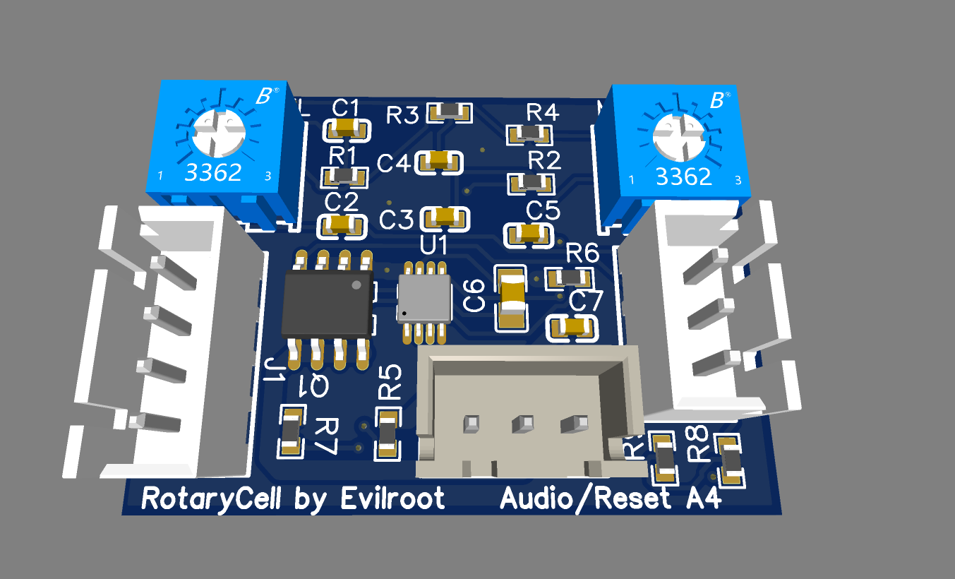Rendered Audio Reset A4 board with all factory-assembled components and headers fitted