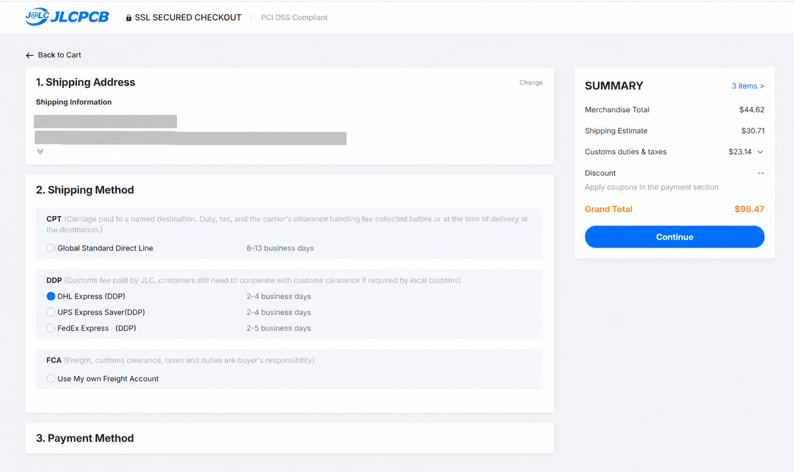 JLCPCB checkout with personal shipping information redacted and DHL DDP selected