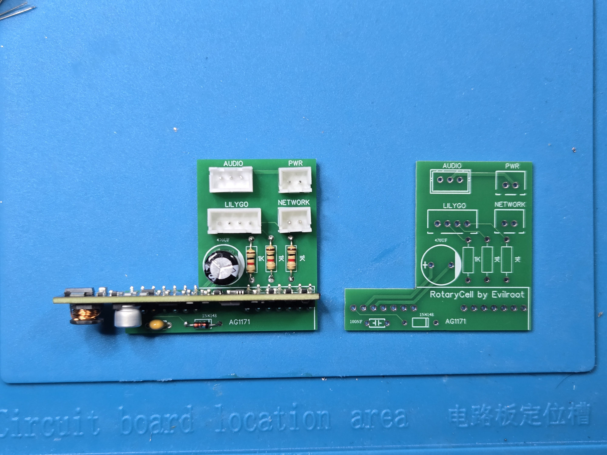 Completed AG1171 carrier beside a bare carrier PCB