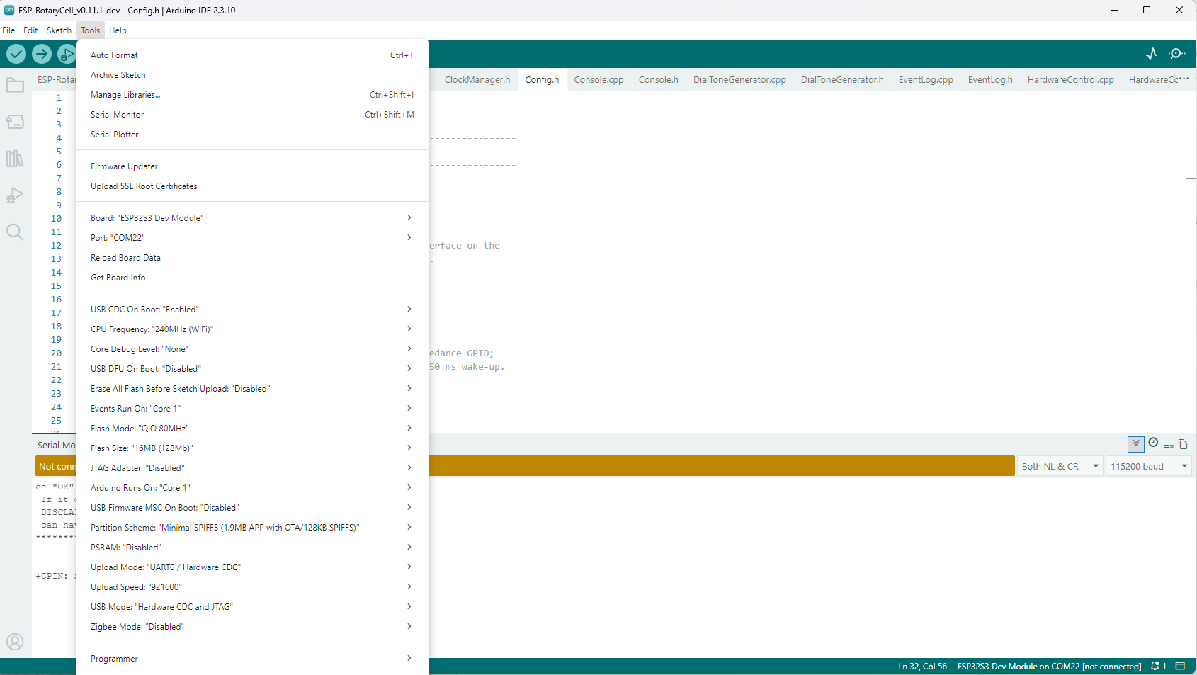 Arduino IDE Tools menu with the ESP32-S3 board and upload settings selected