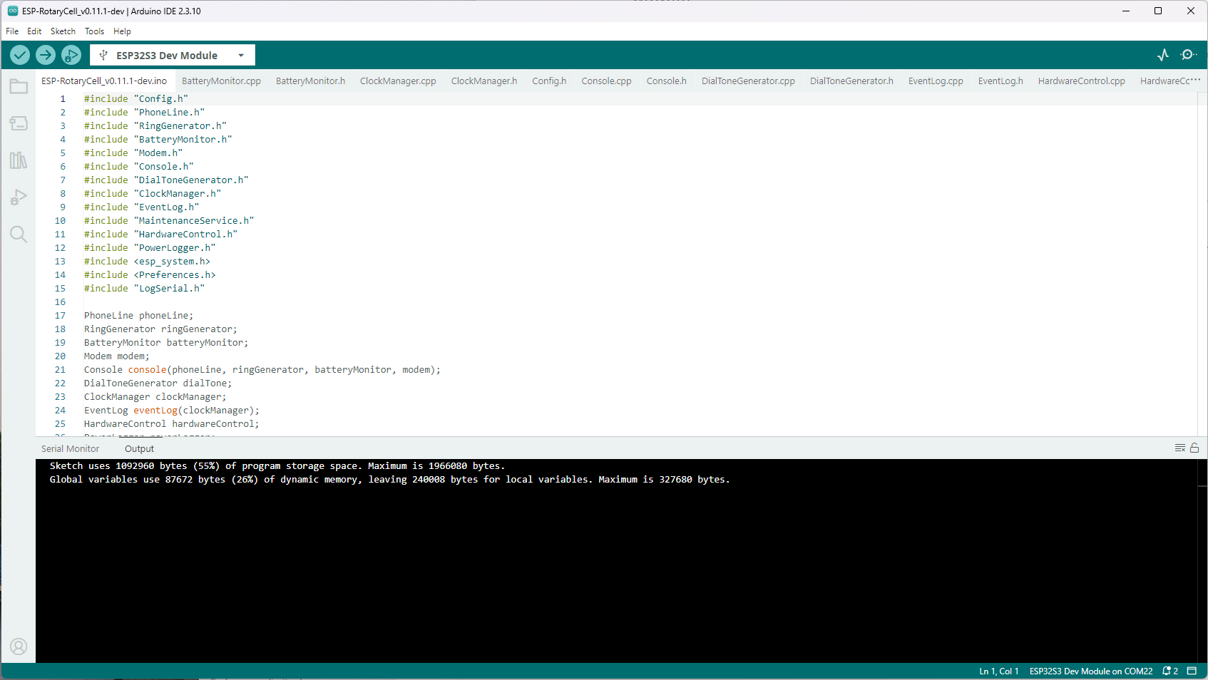 Arduino IDE after successfully compiling the RotaryCell firmware