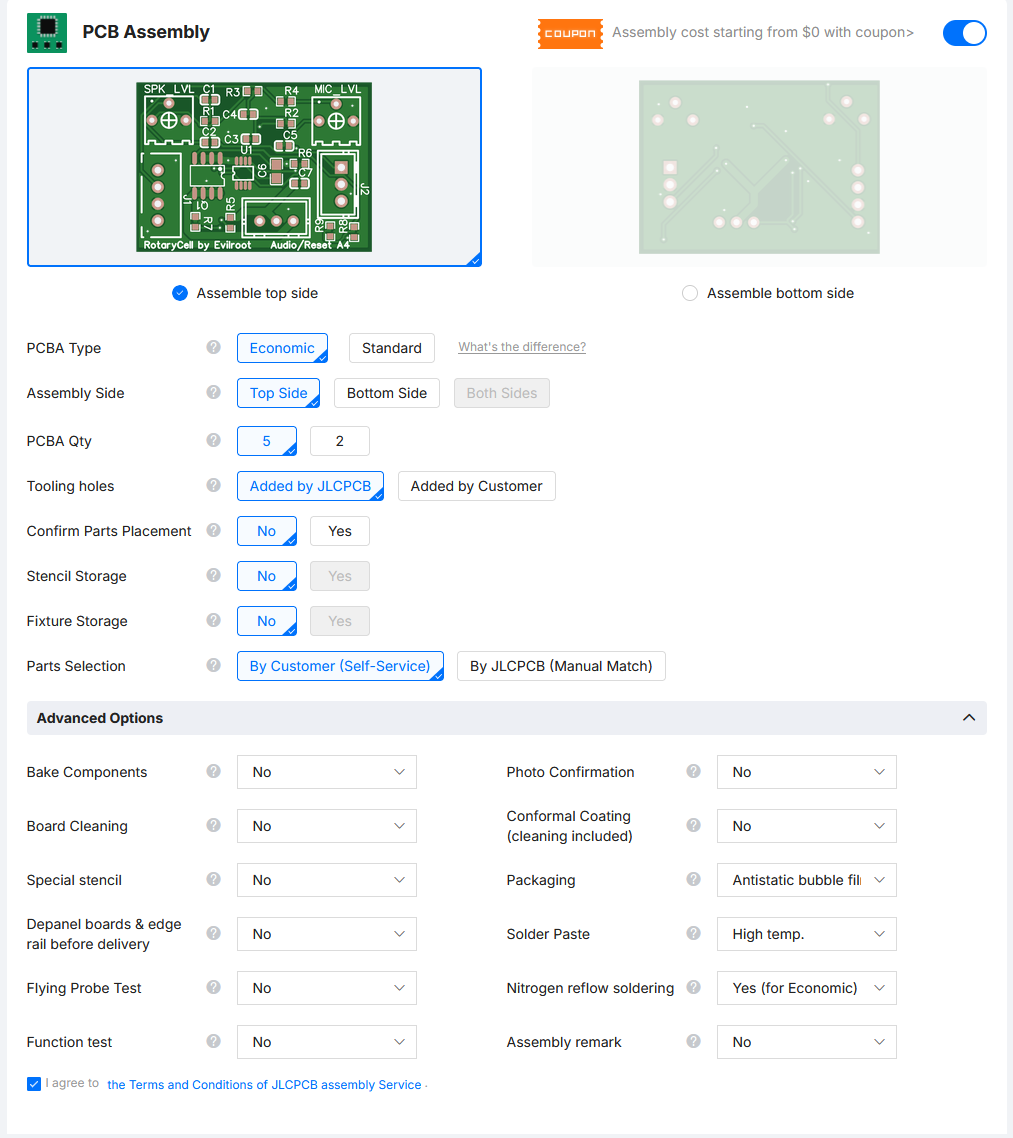 JLCPCB assembly settings with economical top-side assembly selected for five boards