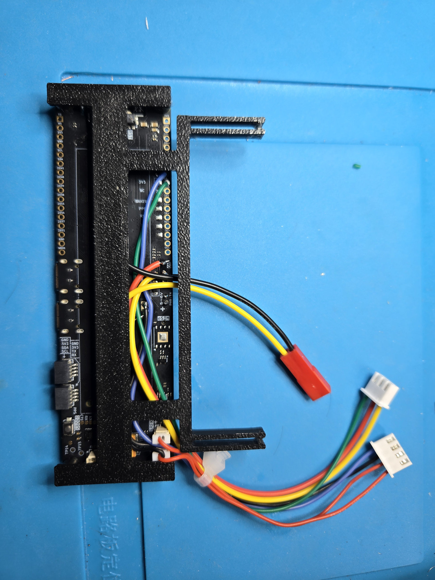 Prepared LilyGO wiring routed through the printed carrier
